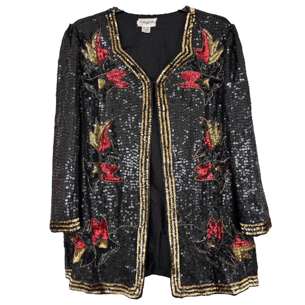 Vintage Silk Sequins Jacket Sparkly 80s Beaded Black Gold Red Plus Size 2X 18-20